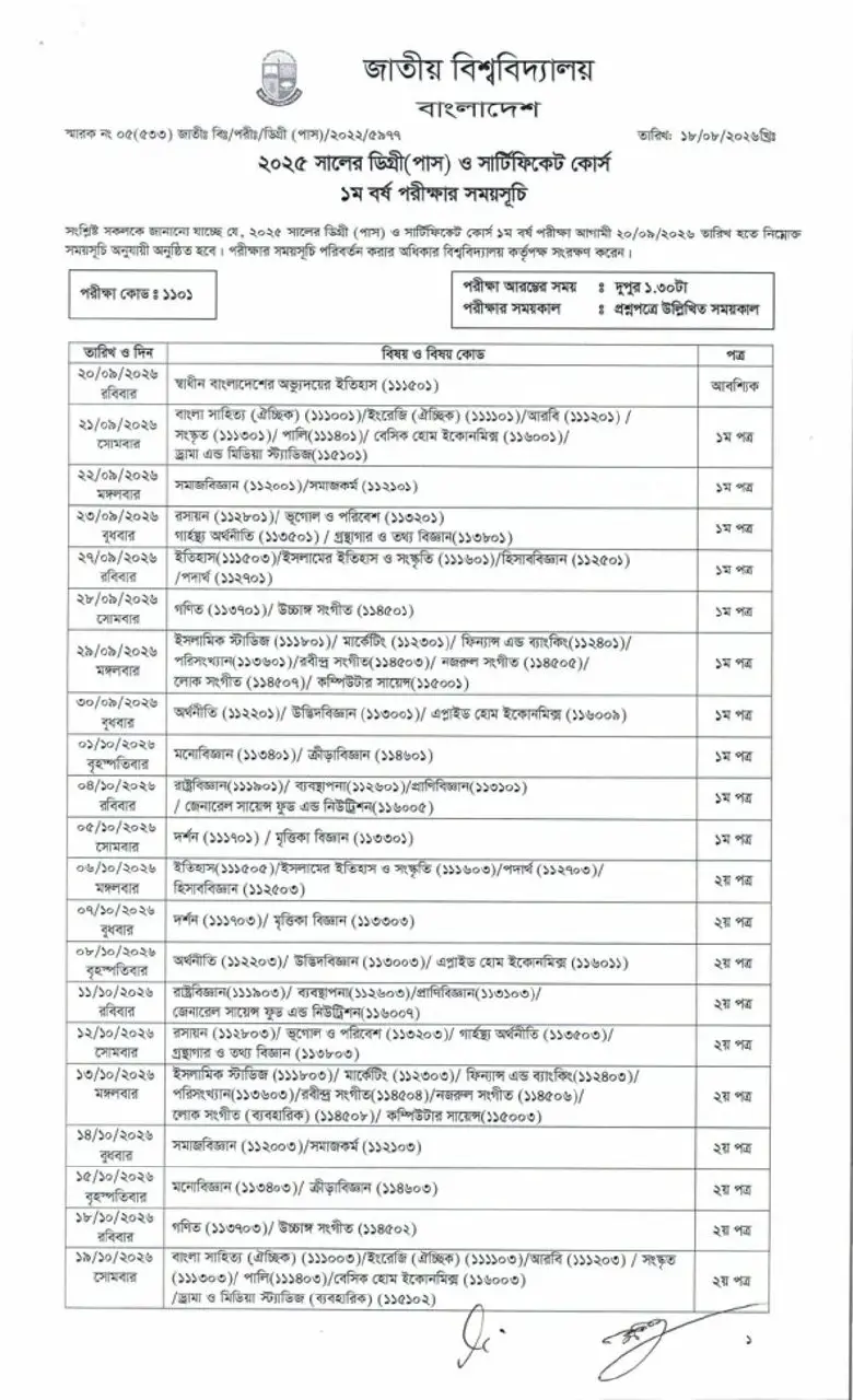 NU Degree 1st Year Exam Routine 2026 Page One