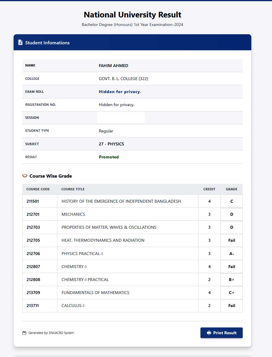 Honours 1st Year Results 2026 Marksheet