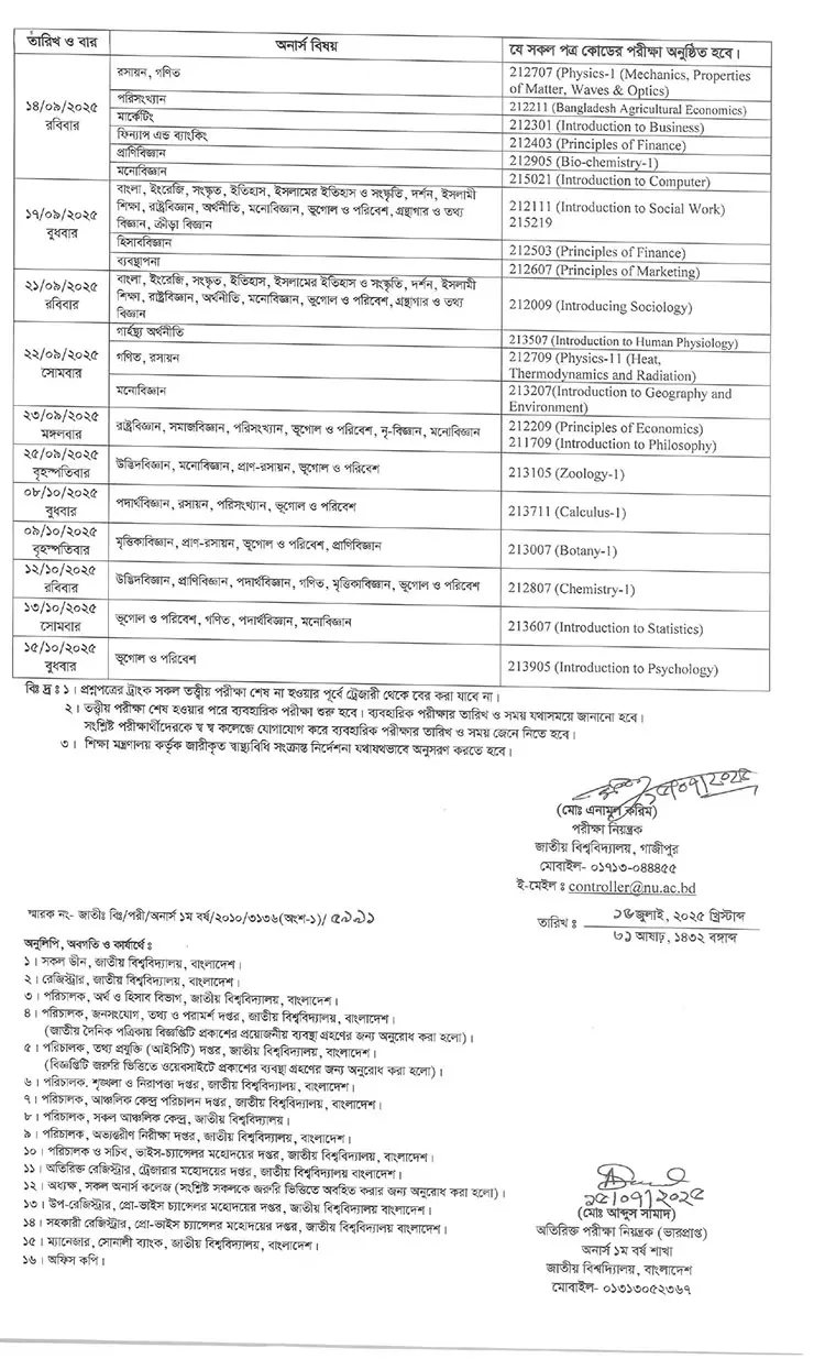 Honours 1st Year Routine 2025 Page Two