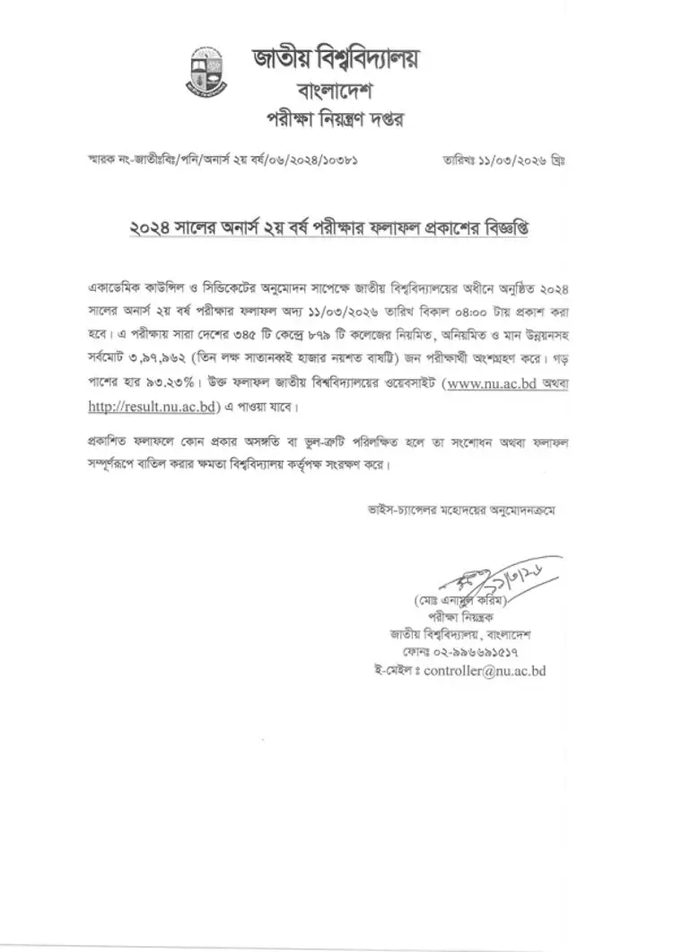 Honours 2nd Year Result 2026 Notice