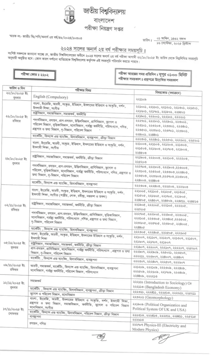 Nu Honours 2nd Year Routine 2025 Page One