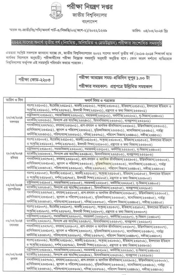 National University 3rd year Exam Routine 2025