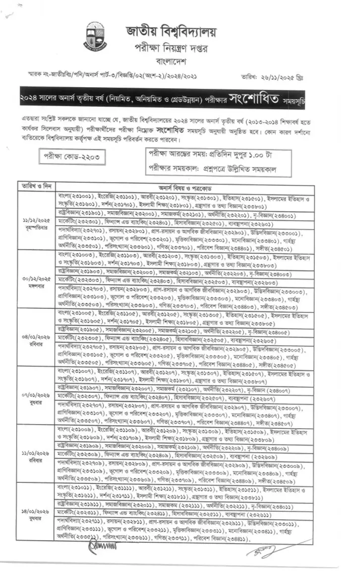 National University 3rd year Exam Routine 2025