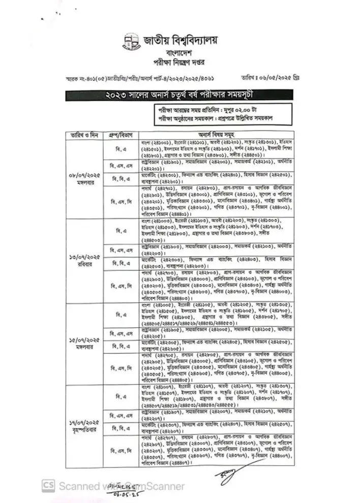 Nu Honours 4th Year Routine 2025 Page One