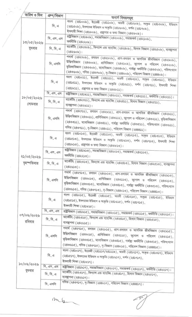 Nu Honours 4th Year Routine 2026 Page Two