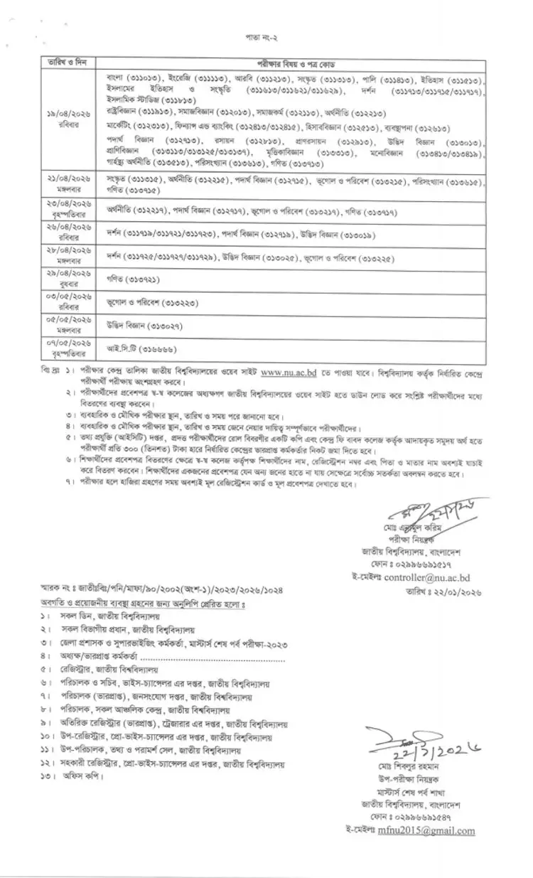 National University Masters Final Year 2026 Exam Routine Page Two