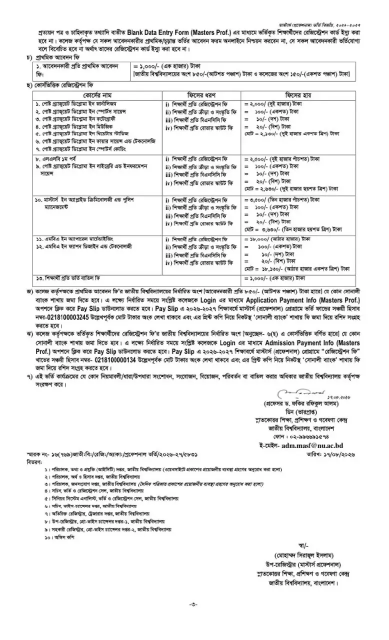 Masters Professional Admission Circular 2026 Page Three