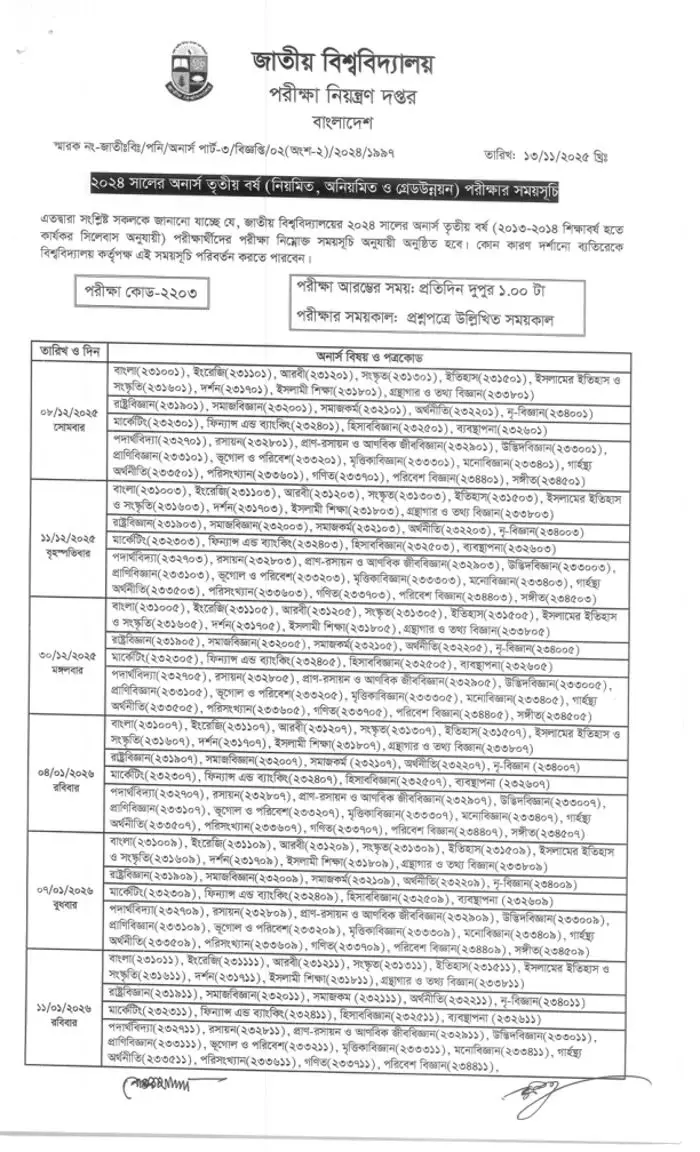 National University 3rd year Exam Routine 2025