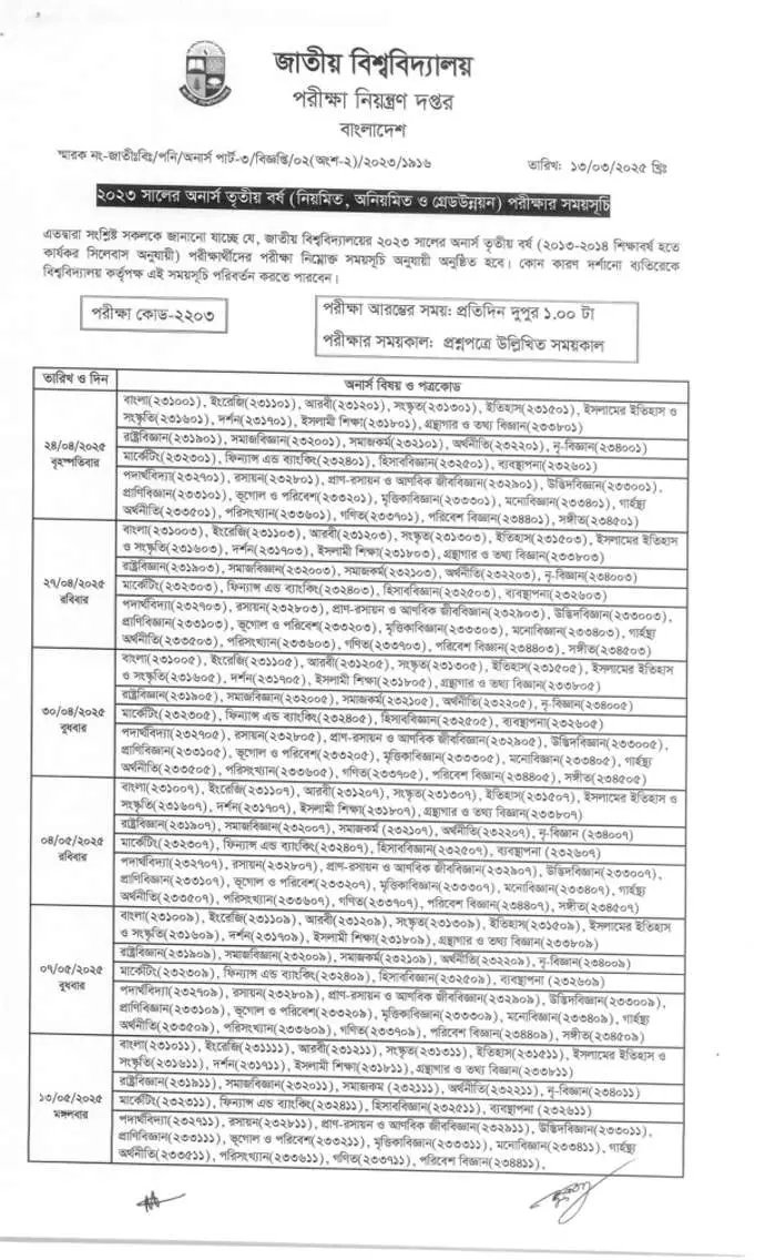 National University 3rd year Exam Routine 2025
