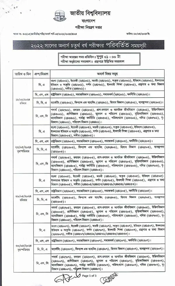 Nu Honours 4th Year Routine 2025 Page One