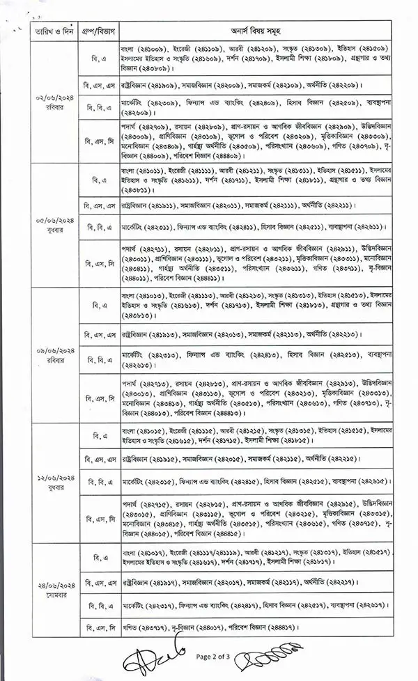 Nu Honours 4th Year Routine 2025 Page Two