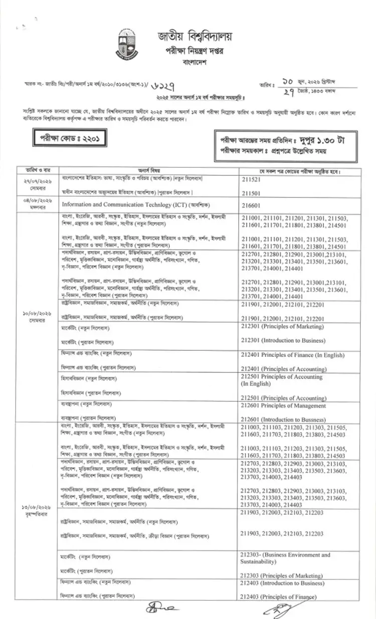 Honours 1st Year Routine 2026 Page One