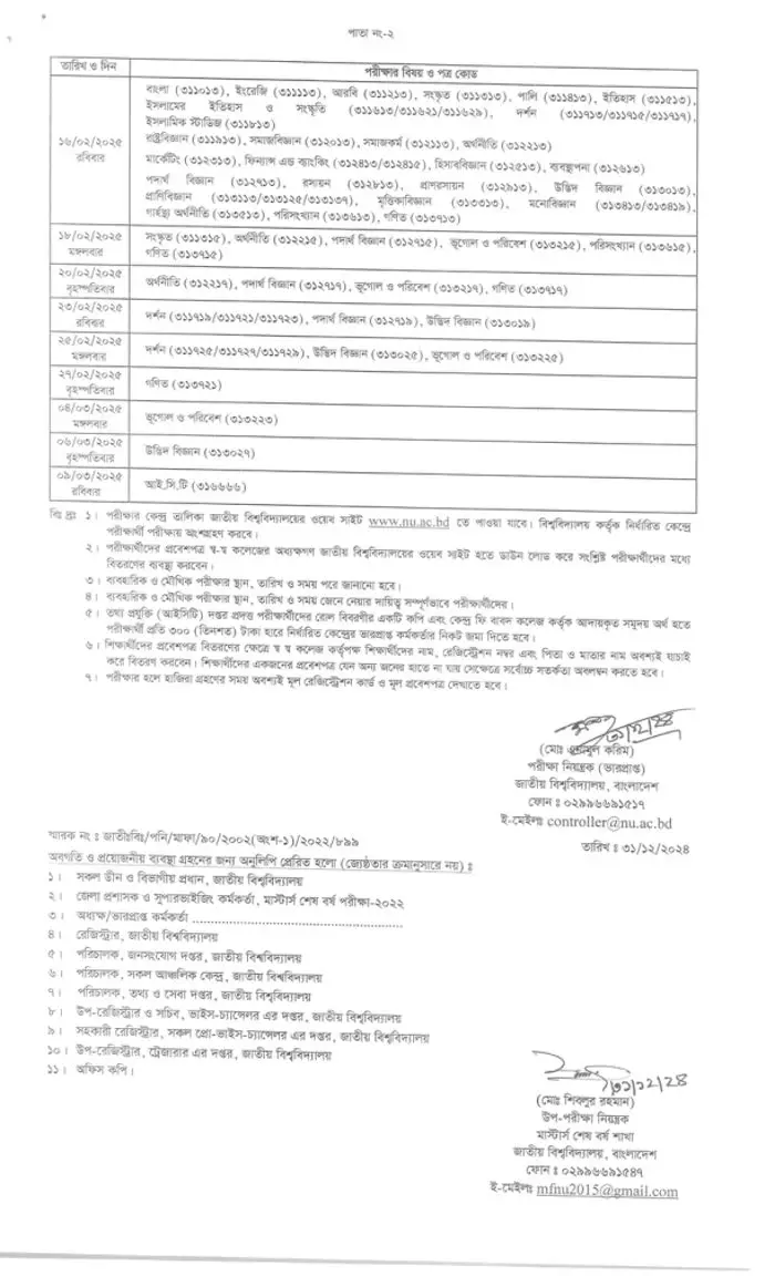 National University Masters Final Year 2025 Exam Routine Page Two