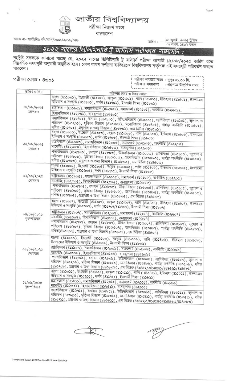 Preli To Masters Exam Routine National University Bangladesh